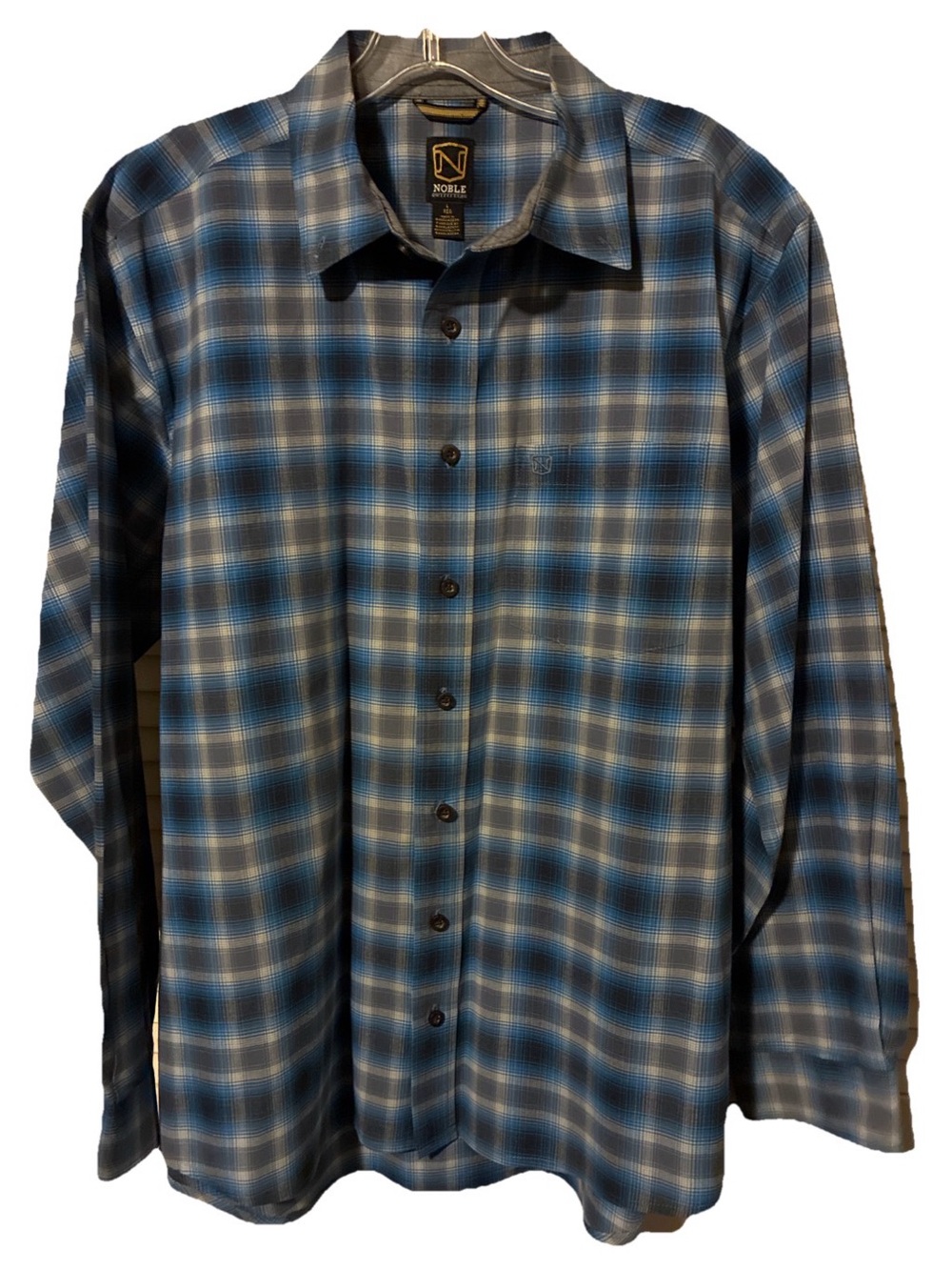Noble-Men’s Blue Cotton Flannel Long Sleeve Button-down Outdoors Hiking Sz L